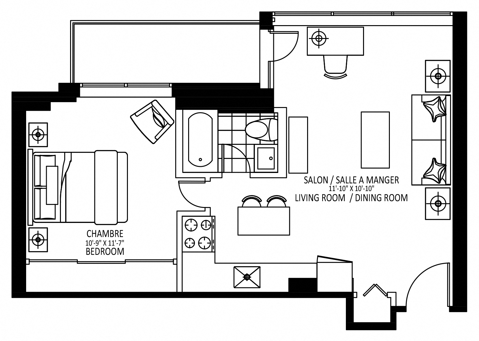 Floor plan for 1 bed, 1 bath, 555 sqft